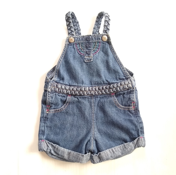 OSHKOSH Girls 2t denim shortalls bib overalls with braided trim - Picture 1 of 6